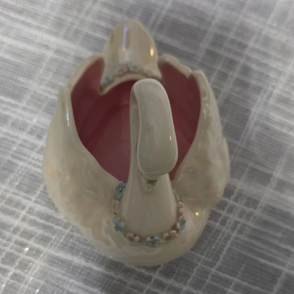 Hand Painted Ceramic Swan Planter White Pink Floral Glazed Signed by HELL